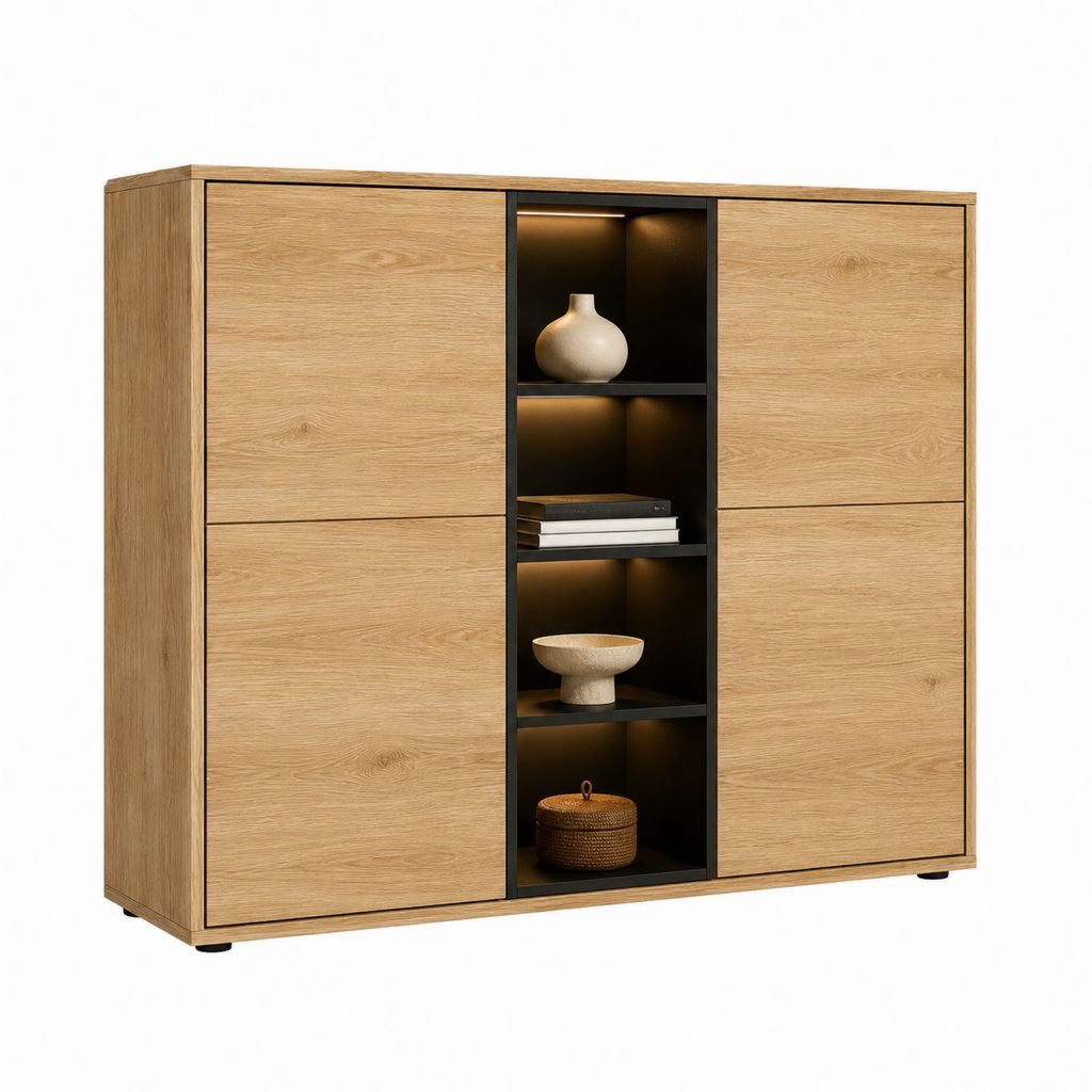 Sideboard Highboard Eichefarben Spanplatte rechteckig mit 4 Türen LED-Regal 160 x 40 x 140 cm