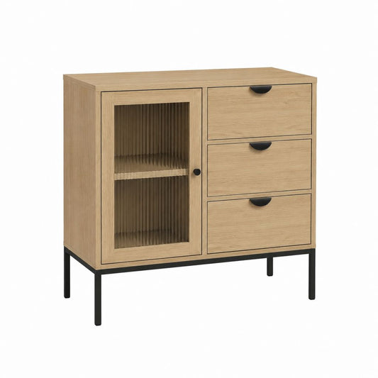 Sideboard Eichefarben mit Riffelglastür und 3 Schubladen 80 x 40 x 100 cm
