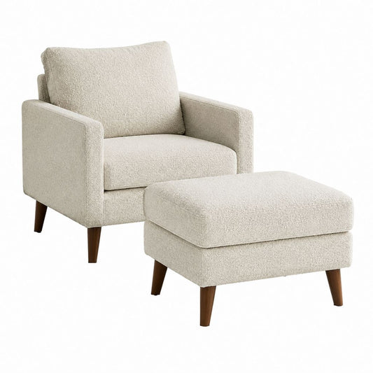 Sessel Set mit Fußhocker Creme Polyester-Bouclé 75 x 81 x 86 cm