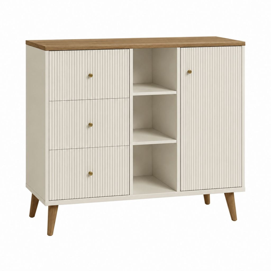 Sideboard mit 3 Schubladen 1 Tür und offenen Fächern Creme MDF Eiche-Dekor 100 x 40 x 100 cm