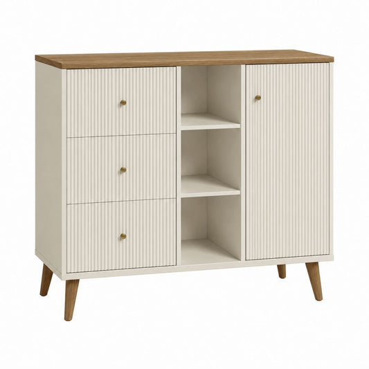 Sideboard mit 3 Schubladen 1 Tür und offenen Fächern Creme MDF Eiche-Dekor 100 x 40 x 100 cm