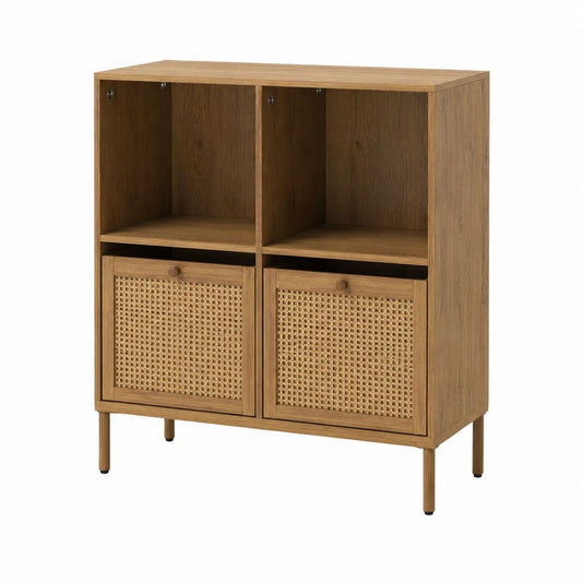Sideboard mit 2 Türen und offenen Fächern Naturbraun MDF Eichenfurnier Rattangeflecht 80 x 40 x 110 cm