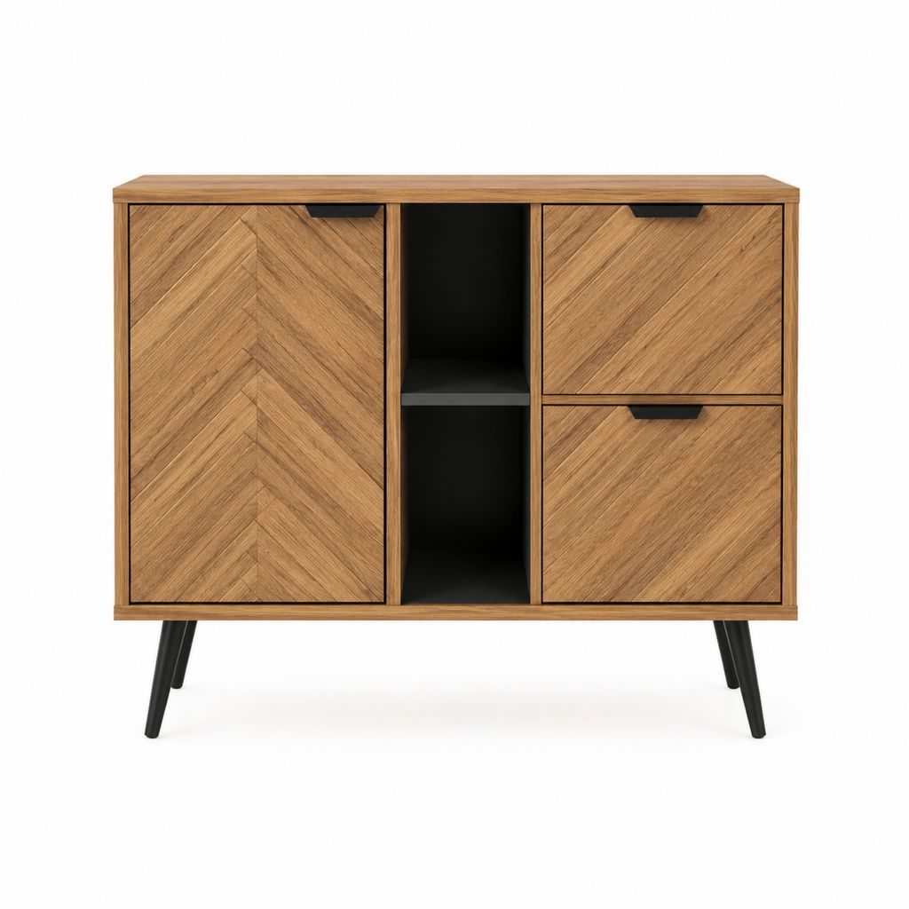 Sideboard Eichenfurnier Braun MDF Stahl 120 x 40 x 90 cm mit 3 Türen und offenen Fächern