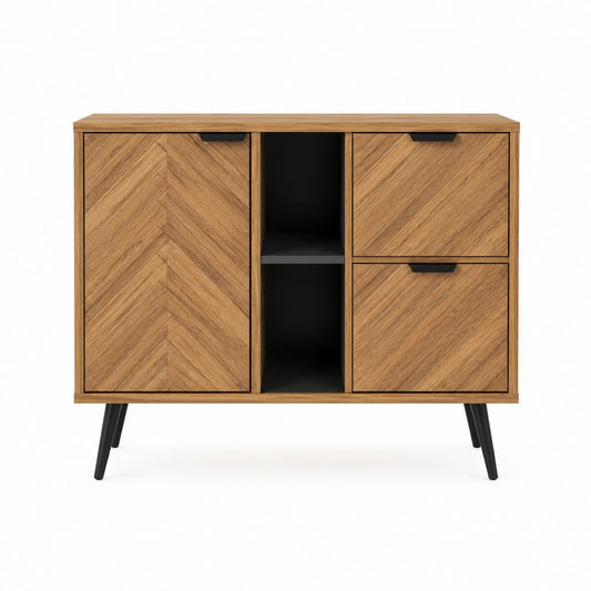 Sideboard Eichenfurnier Braun MDF Stahl 120 x 40 x 90 cm mit 3 Türen und offenen Fächern