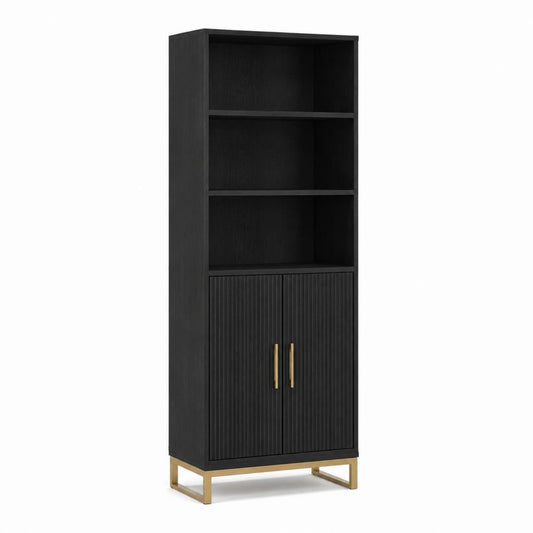 Highboard Schwarz aus Spanplatte mit offenen Fächern und 2 Türen 180 x 60 x 40 cm