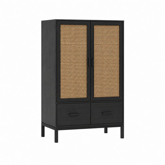 Highboard Sideboard Schwarz aus MDF mit Rattangeflecht 80 x 40 x 150 cm