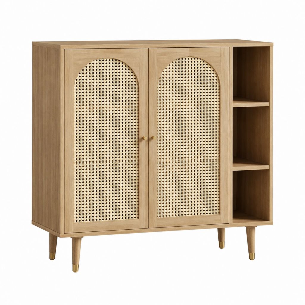 Sideboard mit 2 Türen und offenen Fächern Natur Eichenfurnier Rattan rechteckig 100 x 40 x 110 cm