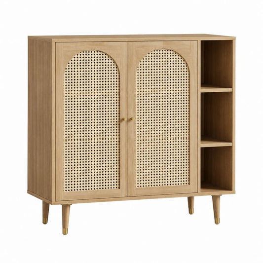 Sideboard mit 2 Türen und offenen Fächern Natur Eichenfurnier Rattan rechteckig 100 x 40 x 110 cm