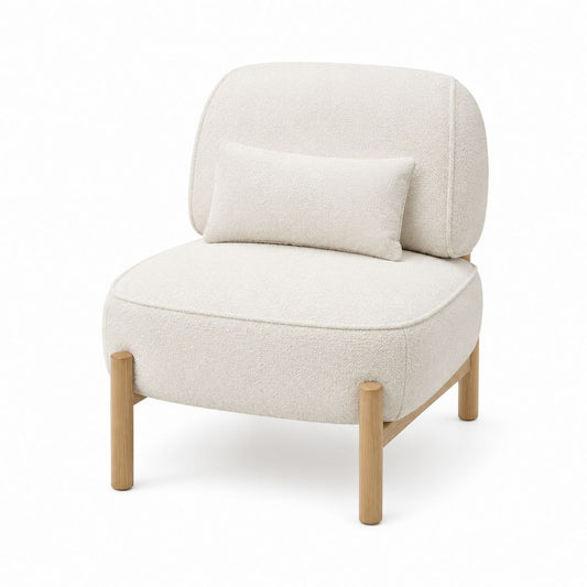Sessel Cremeweiß Polyester-Bouclé mit Massivholzgestell und Lendenkissen 80 x 82 x 82 cm